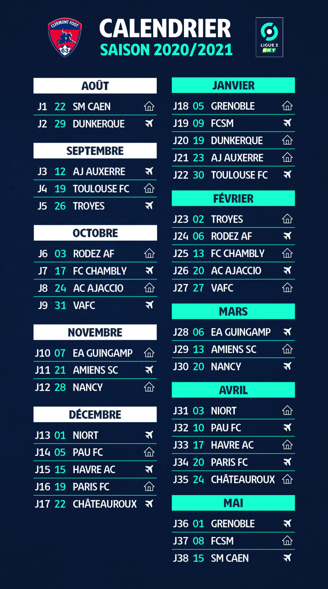 Le calendrier 2020/2021 dévoilé - Clermont Foot