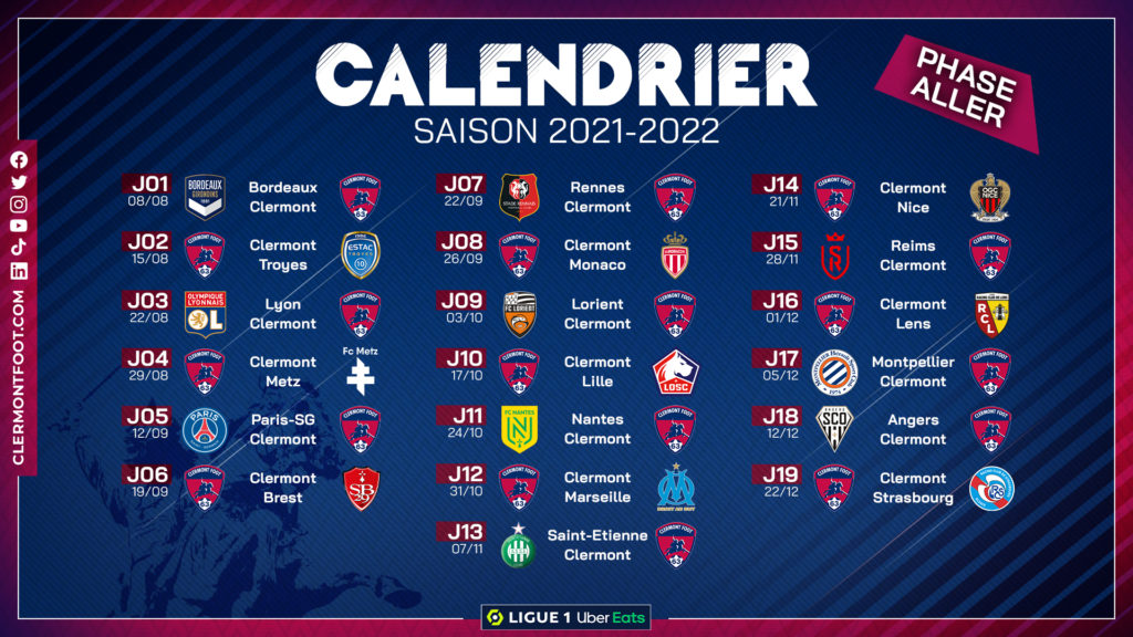 Le calendrier de Ligue 1 2021/2022 dévoilé Clermont Foot